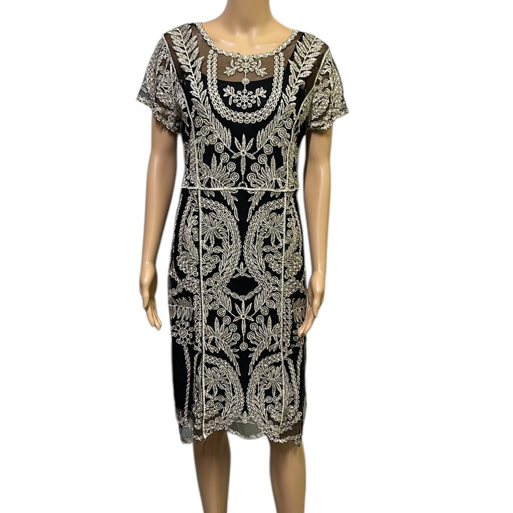 Cato Black Sheer Metallic Gold Lace Overlay with Black Spag Strap Lining Dress M